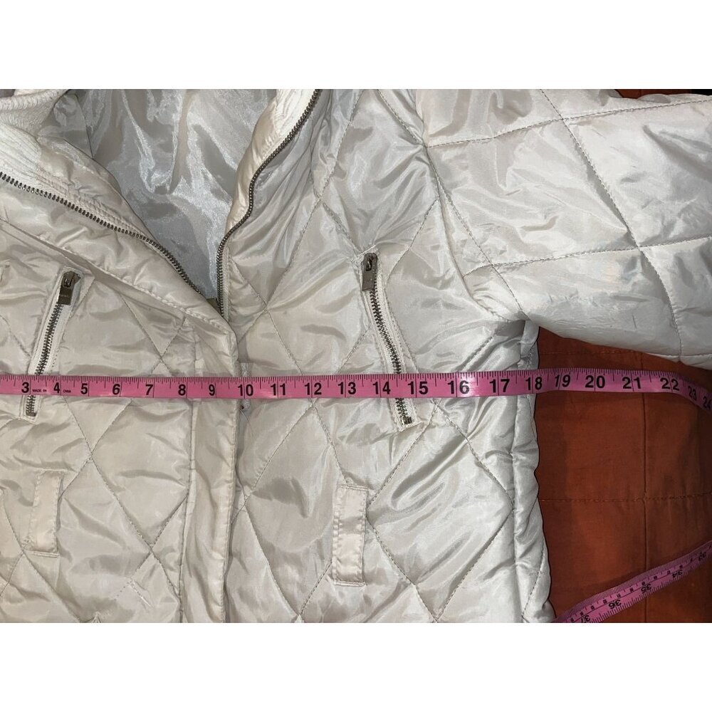 DKNY Quilted Silver Hooded Coat W/ Faux Fur Trim & Pockets Women's Size XL - Picture 4 of 8